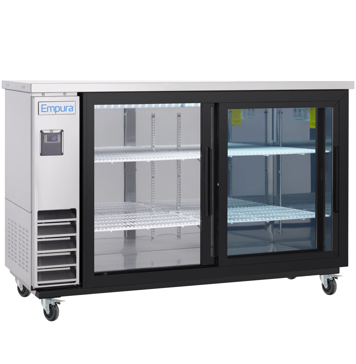 This Empura Refrigeration Back Bar Cooler features two sliding glass doors, a stainless steel frame, four wire shelves, and bright LED lighting. The unit is on wheels and includes a digital control panel for easy operation.