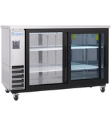 This Empura Refrigeration Back Bar Cooler features two sliding glass doors, a stainless steel frame, four wire shelves, and bright LED lighting. The unit is on wheels and includes a digital control panel for easy operation.