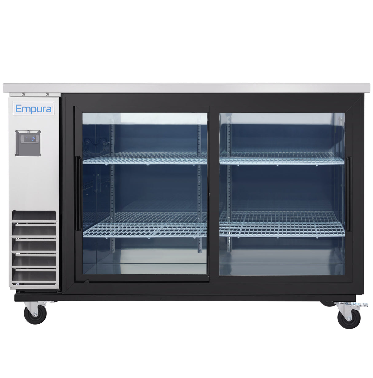 An Empura Refrigeration back bar cooler with stainless steel construction features sliding glass doors, three wire shelves, a digital control panel on the left, ventilation grates below, and four wheels for mobility. Brand label appears on the top left corner.
