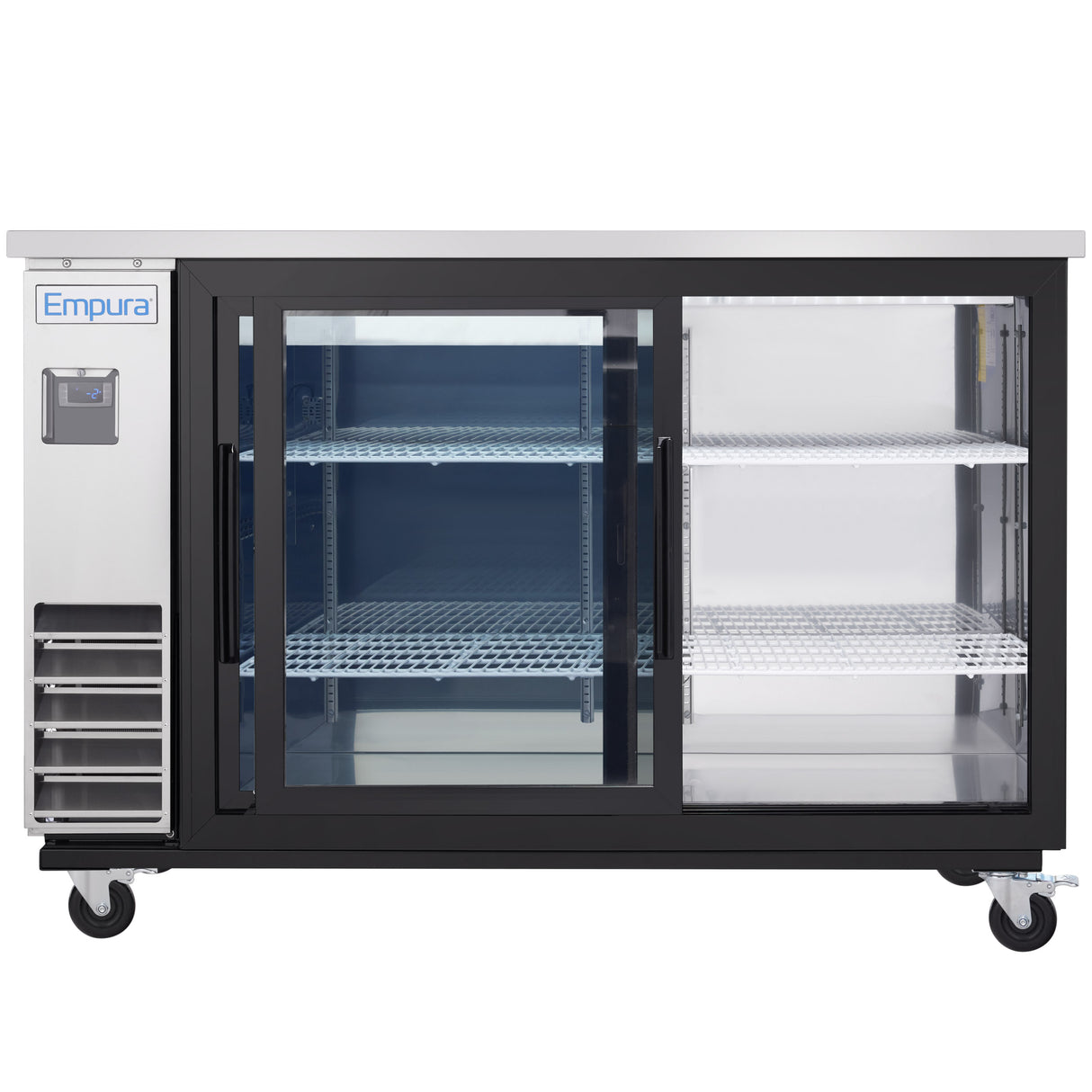 A stainless steel Empura Refrigeration Back Bar Cooler on wheels features two sliding glass doors and three white wire shelves. The Empura logo is on the top left, with ventilation panels below. The empty unit is well-lit and ready for use.