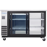 A stainless steel Empura Refrigeration Back Bar Cooler on wheels features two sliding glass doors and three white wire shelves. The Empura logo is on the top left, with ventilation panels below. The empty unit is well-lit and ready for use.