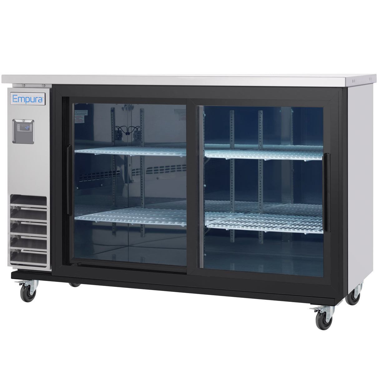 A commercial Empura Refrigeration back bar cooler with two sliding glass doors, three metal wire shelves, and a stainless steel top. The unit has wheels for mobility, a silver Empura label on the left, and a well-lit, empty interior.