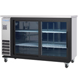 A commercial Empura Refrigeration back bar cooler with two sliding glass doors, three metal wire shelves, and a stainless steel top. The unit has wheels for mobility, a silver Empura label on the left, and a well-lit, empty interior.