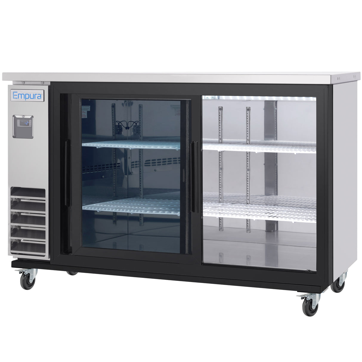 An Empura Refrigeration sliding glass door cooler with stainless steel finish, illuminated interior, adjustable wire shelves, and four caster wheels. The left side features a vent and control panel. Ideal as a back bar cooler for commercial use.