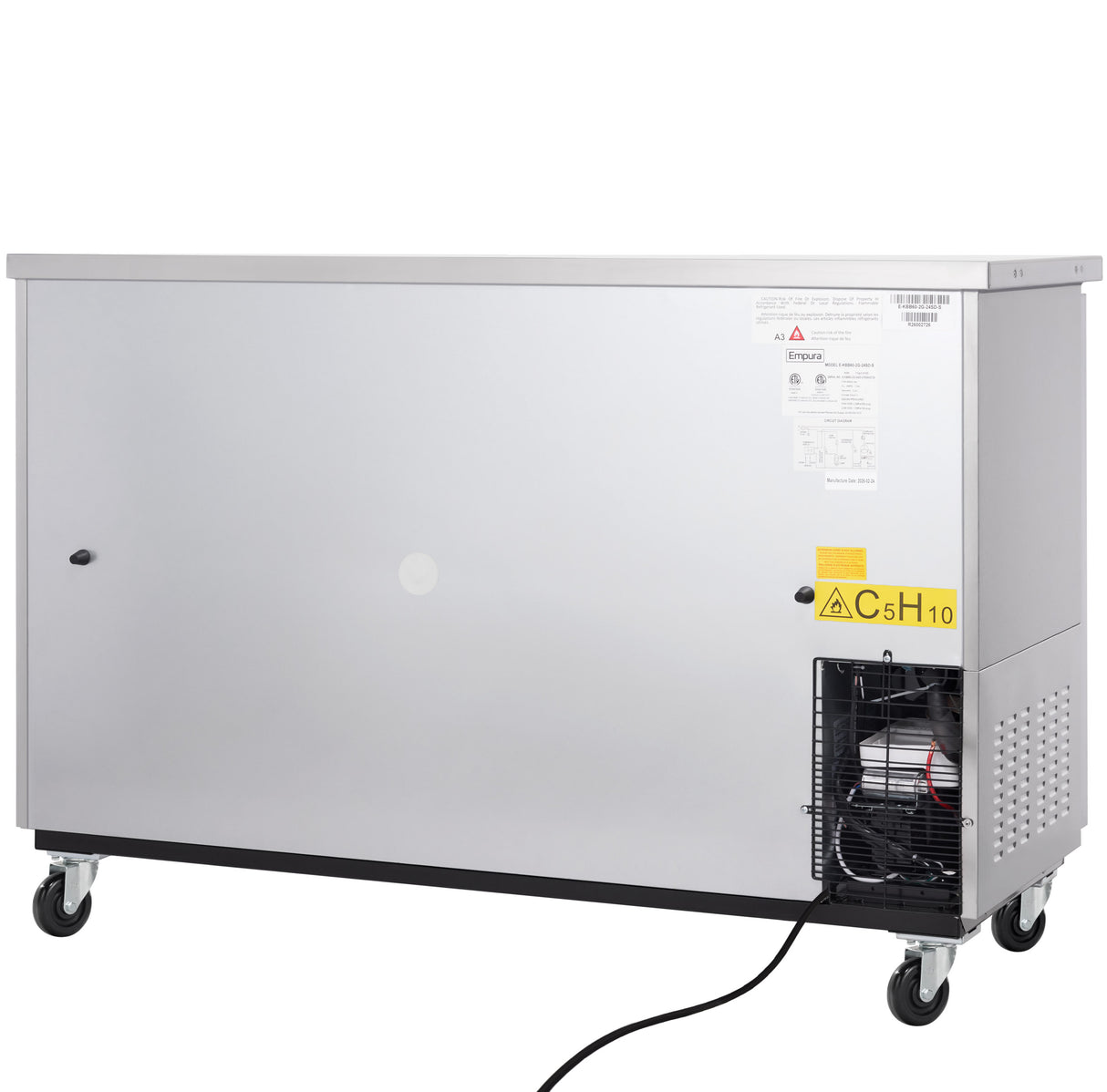 A large, rectangular Empura Refrigeration unit on wheels with a plain silver front, a vented section and visible compressor on the right, plus a yellow flammable gas C5H10 label. A power cord extends from the bottom right.