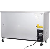 A large, rectangular Empura Refrigeration unit on wheels with a plain silver front, a vented section and visible compressor on the right, plus a yellow flammable gas C5H10 label. A power cord extends from the bottom right.