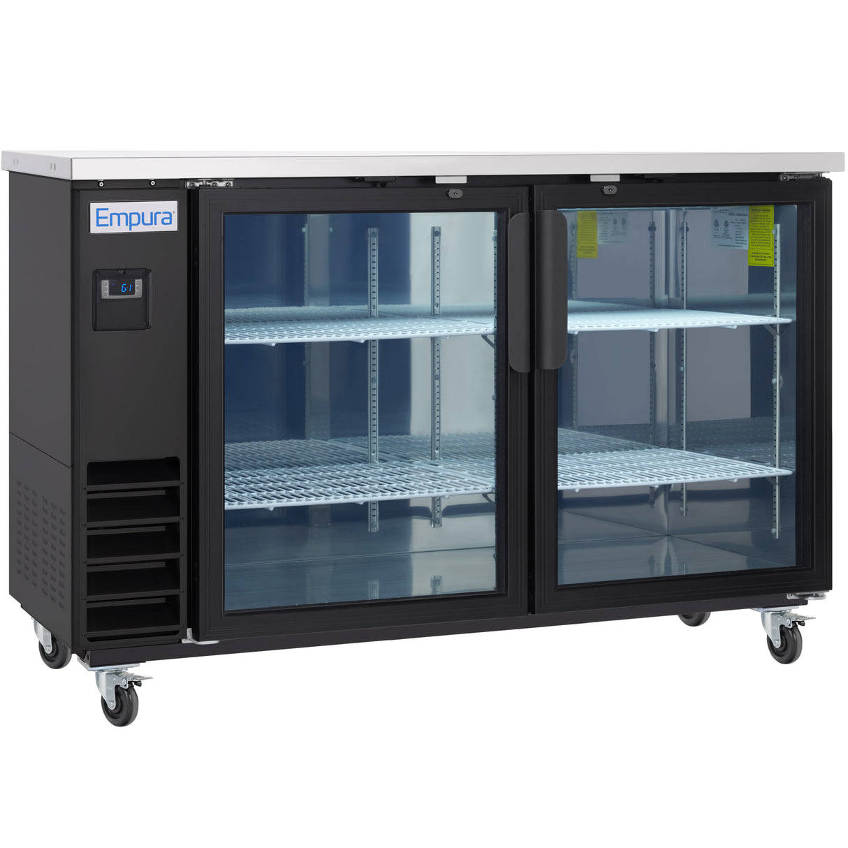 A commercial Empura Back Bar Cooler with two glass doors, black exterior, stainless steel top, digital display, left-side ventilation grilles, interior shelves, and four caster wheels for mobility. The fridge is empty and set against a plain white background.