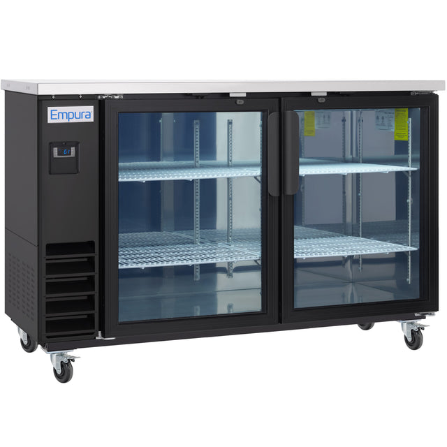 A commercial Empura Back Bar Cooler with two glass doors, black exterior, stainless steel top, digital display, left-side ventilation grilles, interior shelves, and four caster wheels for mobility. The fridge is empty and set against a plain white background.