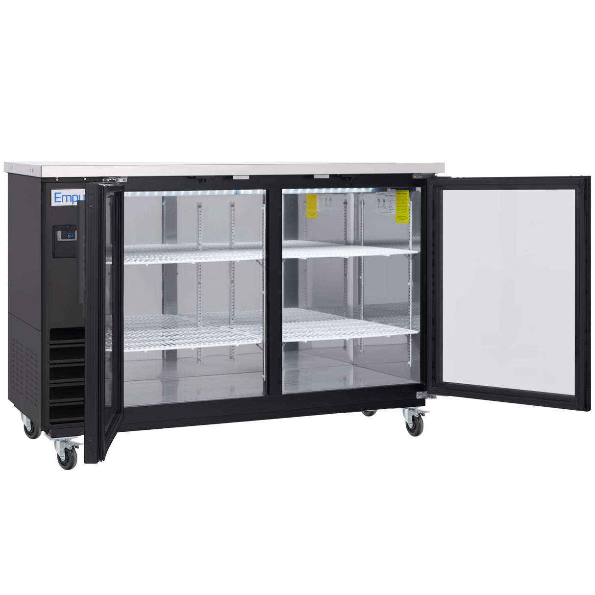 A commercial black back bar cooler with two open glass doors revealing four wire shelves inside, interior lights on, a stainless steel top, control panel on the left, and caster wheels underneath for mobility.