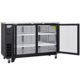 A commercial black back bar cooler with two open glass doors revealing four wire shelves inside, interior lights on, a stainless steel top, control panel on the left, and caster wheels underneath for mobility.