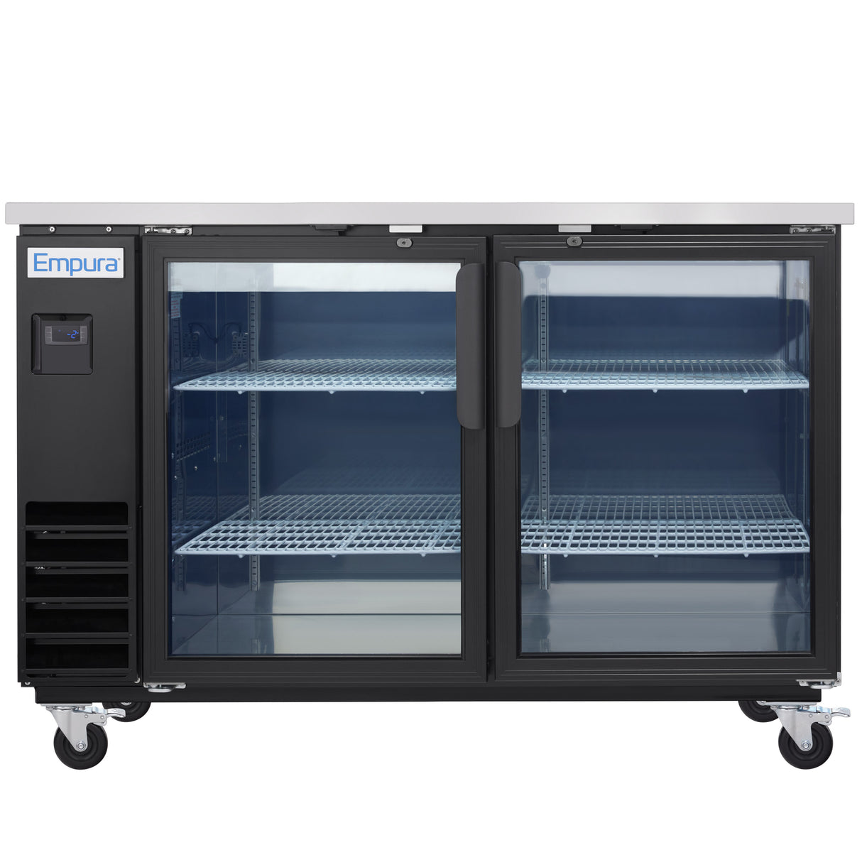 A commercial glass door cooler with two black-framed doors, stainless steel top, and four wheels. This Back Bar Cooler features two adjustable wire shelves per section, with an empty interior visible through the clear commercial refrigeration doors.