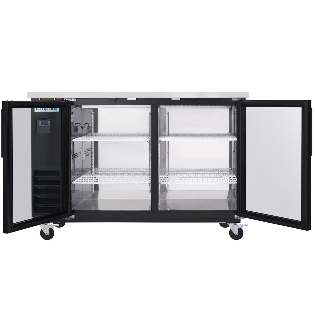 A commercial stainless steel glass door cooler with two open glass doors reveals four wire shelves inside. The interior is clean and empty. This commercial refrigeration unit stands on four caster wheels for easy mobility.