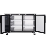 A commercial stainless steel glass door cooler with two open glass doors reveals four wire shelves inside. The interior is clean and empty. This commercial refrigeration unit stands on four caster wheels for easy mobility.