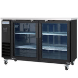 A commercial refrigeration Empura Back Bar Cooler with two glass doors, black body, stainless steel top, four adjustable wire shelves, and wheels for mobility. Its well-lit interior and black handles showcase a spacious glass door cooler design.