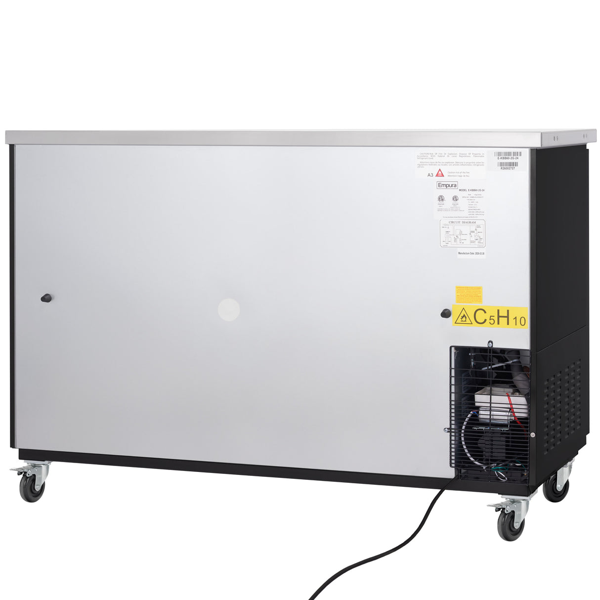 A large, rectangular, stainless steel commercial chest freezer on four caster wheels. Ideal for commercial refrigeration needs, its back panel shows a compressor, power cord, vent, warning labels, and technical stickers. Plain surface with minor details and bolts.