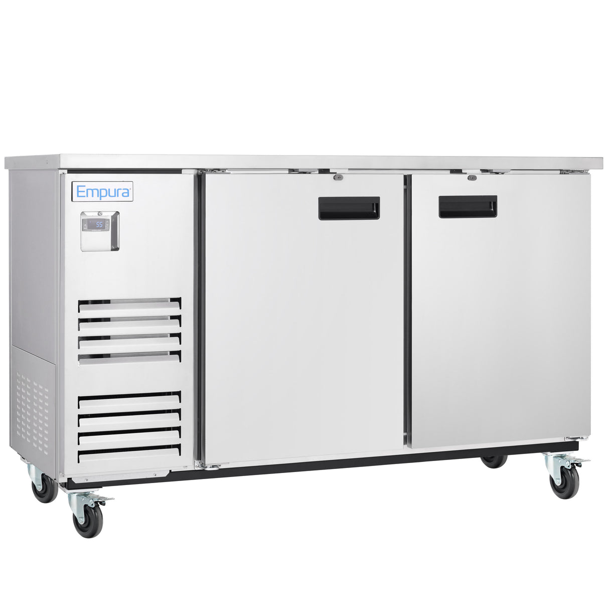 A commercial stainless steel refrigerator with two doors and a left-side Empura refrigeration unit. The unit has vents, handles, and is mounted on four wheels for mobility, positioned against a plain white background.