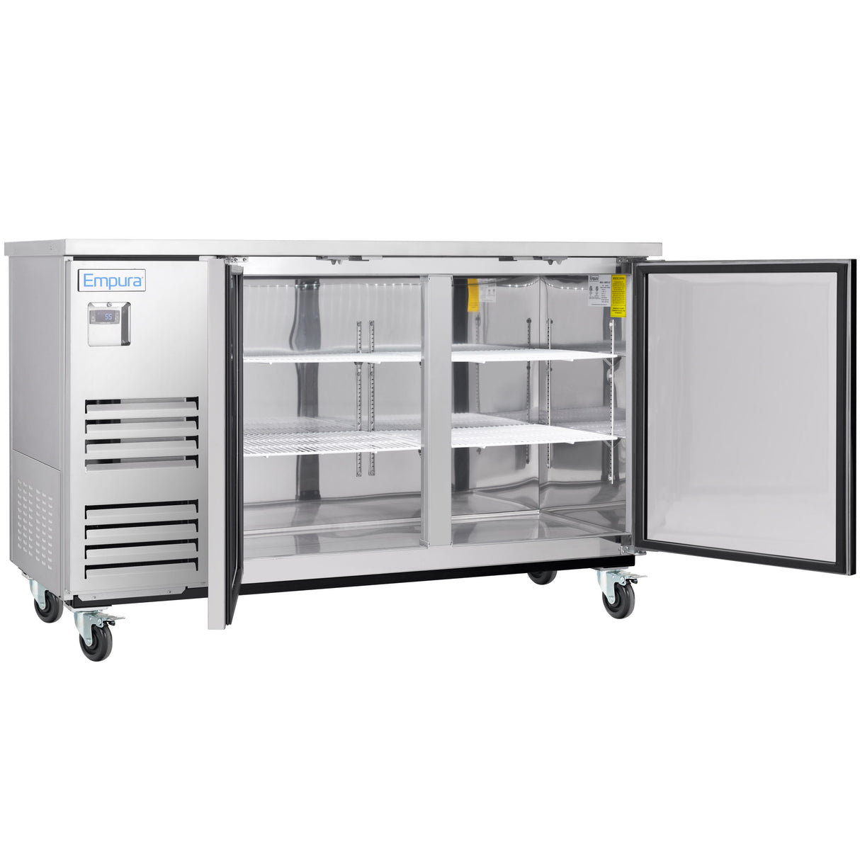 A stainless steel Empura refrigeration back bar cooler on wheels with two open glass doors reveals empty metal shelves inside. The unit features ventilation panels on the left, an Empura logo, and is set against a plain white background.
