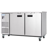 A stainless steel Empura refrigeration unit with two doors, black handles, vented panel on the left, and four caster wheels. Its flat top is great for prep work. This commercial back bar cooler features a blue Empura label and a digital control display above the vent.