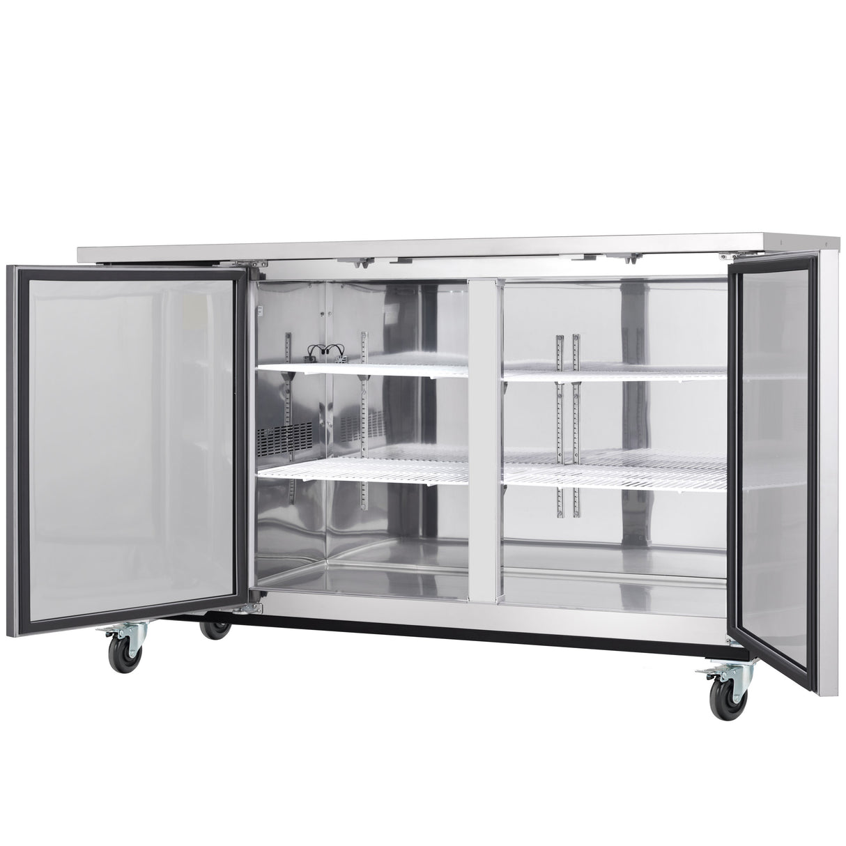 An Empura refrigeration stainless steel commercial refrigerator with two open doors reveals three adjustable wire shelves. The unit is on four wheels for easy mobility, and its clean, reflective metal interior is empty—perfect as a back bar cooler.