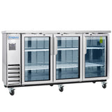 A commercial Empura Refrigeration glass door cooler with three doors, interior wire shelves, and caster wheels. The left side features a control panel and vents. “Empura” branding appears on the top left corner. The empty interior is well-lit and spacious.