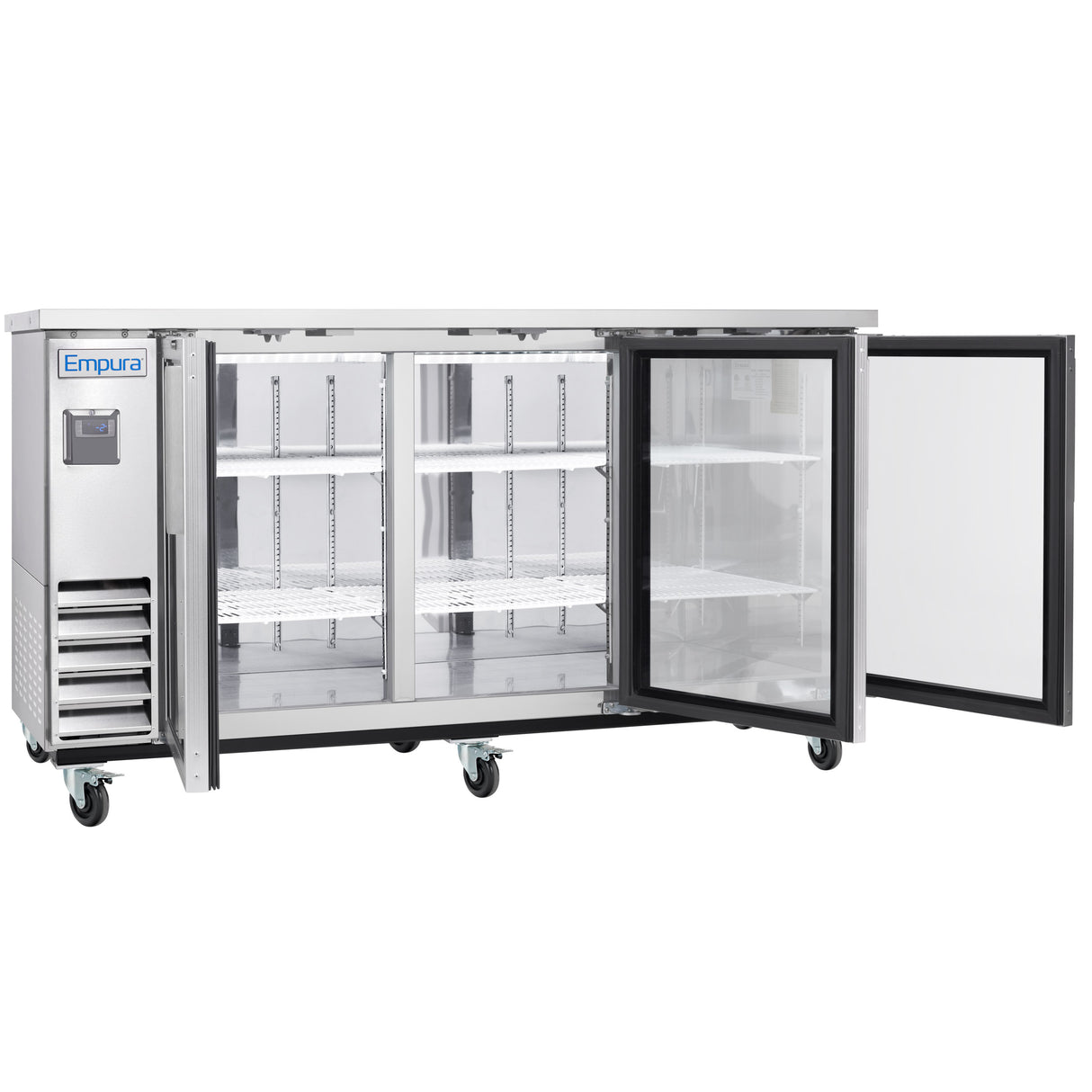 A commercial Empura Refrigeration stainless steel Back Bar Cooler on wheels features two glass doors, both open to reveal white wire shelves inside. The left side has a digital control panel and vent, with the brand name Empura displayed above.