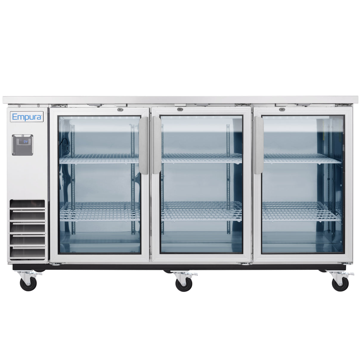 A commercial Empura Refrigeration stainless steel Glass Door Cooler on wheels with three glass doors. Each section has adjustable wire shelves inside. The control panel and vents are on the left, with the Empura logo on the upper left corner.