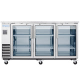 A commercial Empura Refrigeration stainless steel Glass Door Cooler on wheels with three glass doors. Each section has adjustable wire shelves inside. The control panel and vents are on the left, with the Empura logo on the upper left corner.