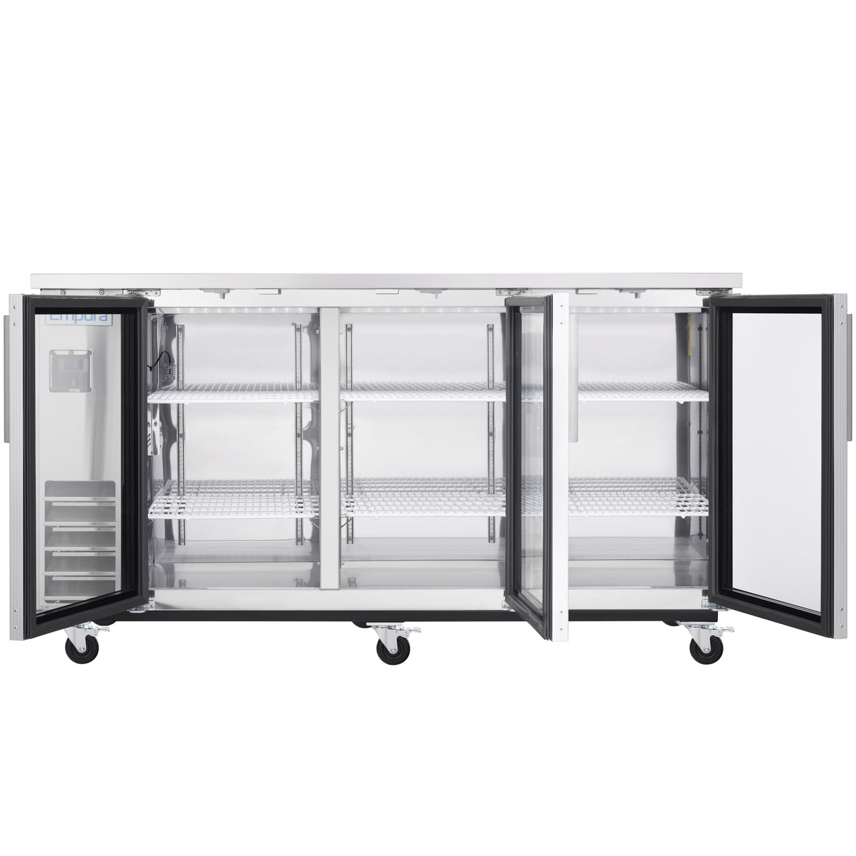 A stainless steel Empura Refrigeration commercial refrigerator on wheels with three glass shelves inside, both doors open to reveal the spacious, empty interior and adjustable shelving. The surface is clean and ideal for professional kitchen use.