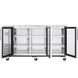 A stainless steel Empura Refrigeration commercial refrigerator on wheels with three glass shelves inside, both doors open to reveal the spacious, empty interior and adjustable shelving. The surface is clean and ideal for professional kitchen use.