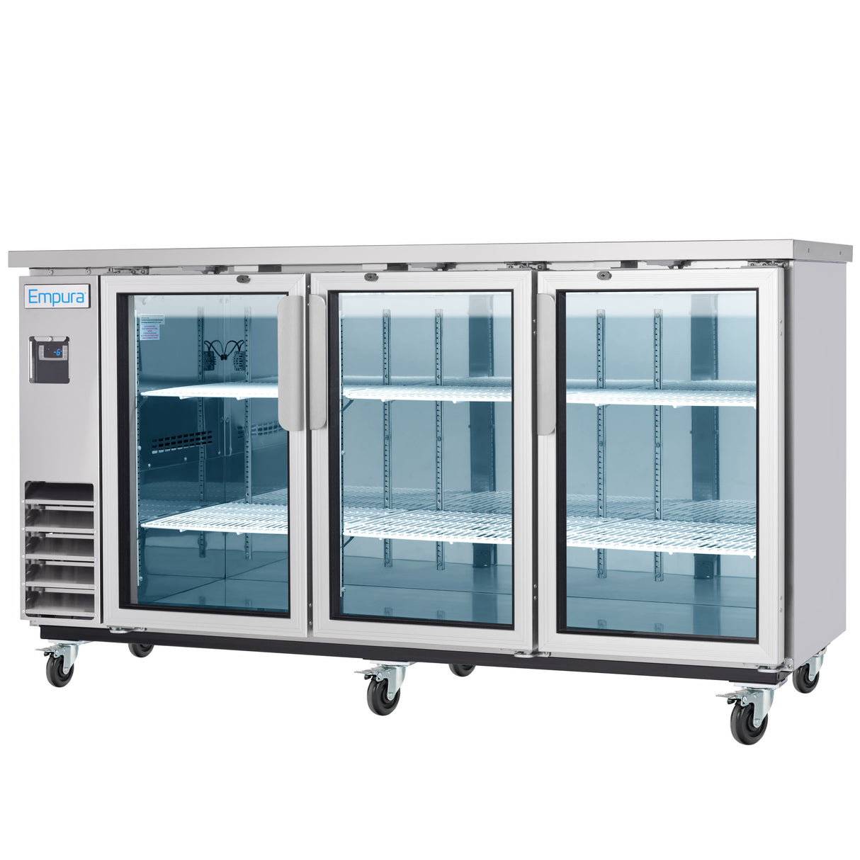 The Empura Refrigeration commercial stainless steel Glass Door Cooler features three glass doors with adjustable wire shelves. Four wheels provide mobility, while a left vented panel and digital display complete this Back Bar Cooler’s efficient design.