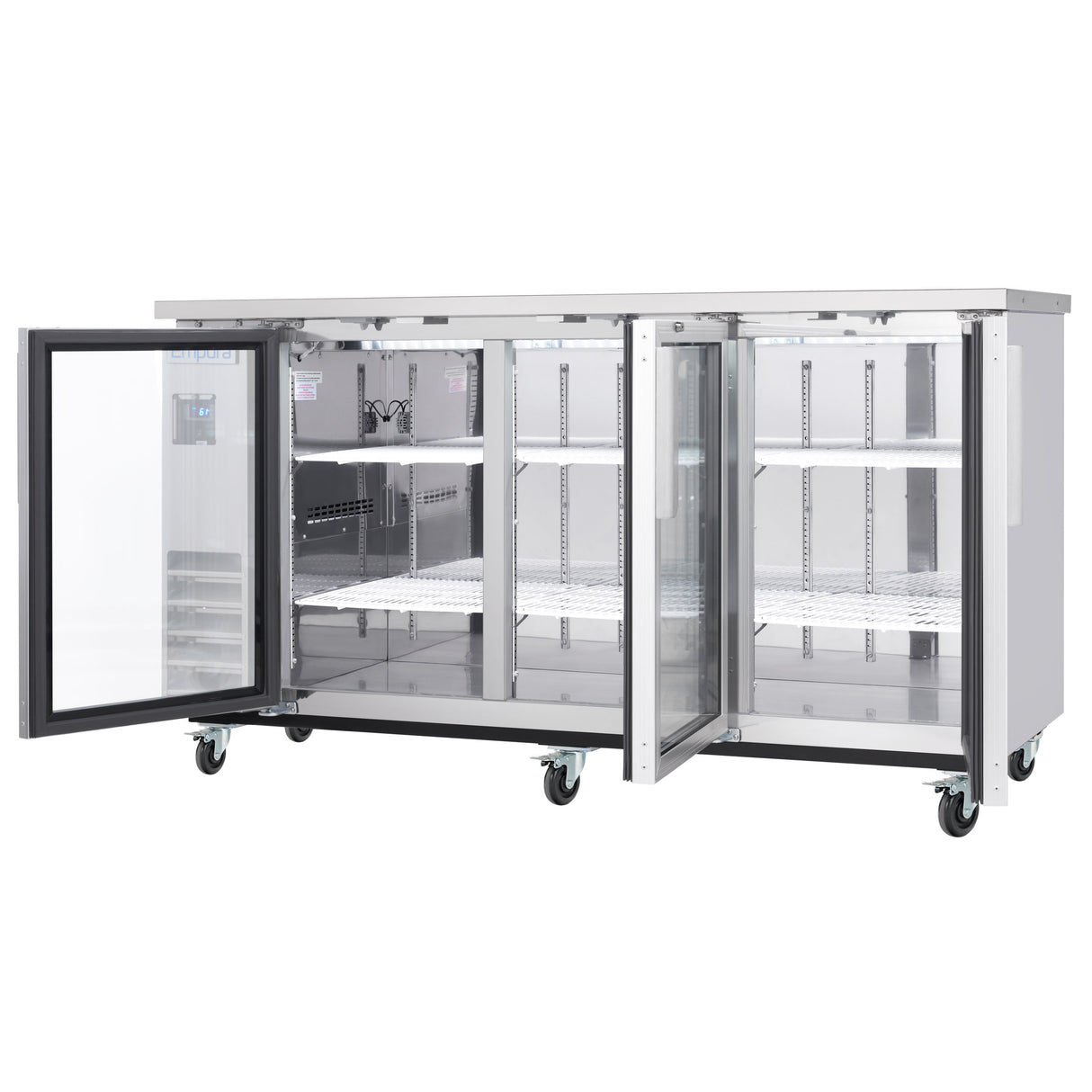 A large Empura Refrigeration stainless steel glass door refrigerator on wheels with three doors, two closed and one open, revealing multiple adjustable wire shelves inside. The fridge is empty and has a clean, modern appearance.