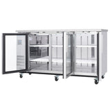 A large Empura Refrigeration stainless steel glass door refrigerator on wheels with three doors, two closed and one open, revealing multiple adjustable wire shelves inside. The fridge is empty and has a clean, modern appearance.