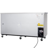 A large, rectangular Empura Refrigeration unit on six caster wheels. This stainless steel back bar cooler features a control panel and ventilation grille on the right, instruction labels, and an electrical cord trailing from the bottom right.