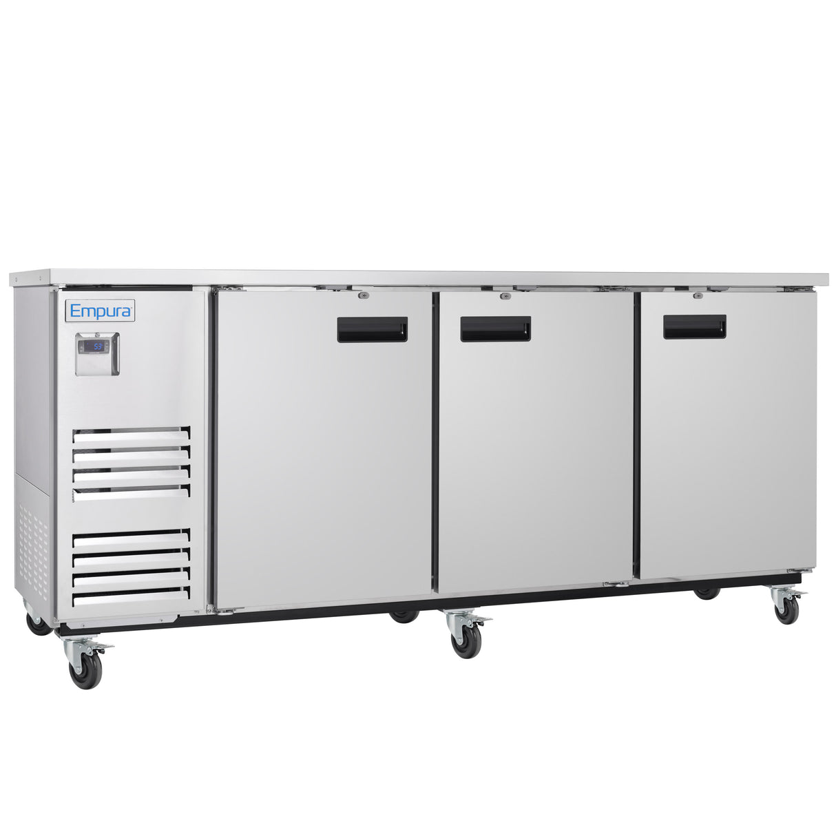 A commercial Empura Refrigeration stainless steel back bar cooler with three doors and black handles, mounted on six wheels. It features a digital control panel on the left, ventilation slats below, and the brand name Empura on the top left corner.