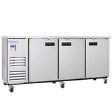 A commercial Empura Refrigeration stainless steel back bar cooler with three doors and black handles, mounted on six wheels. It features a digital control panel on the left, ventilation slats below, and the brand name Empura on the top left corner.
