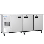 A commercial Empura Refrigeration stainless steel back bar cooler with three doors and black handles, mounted on six wheels. It features a digital control panel on the left, ventilation slats below, and the brand name Empura on the top left corner.