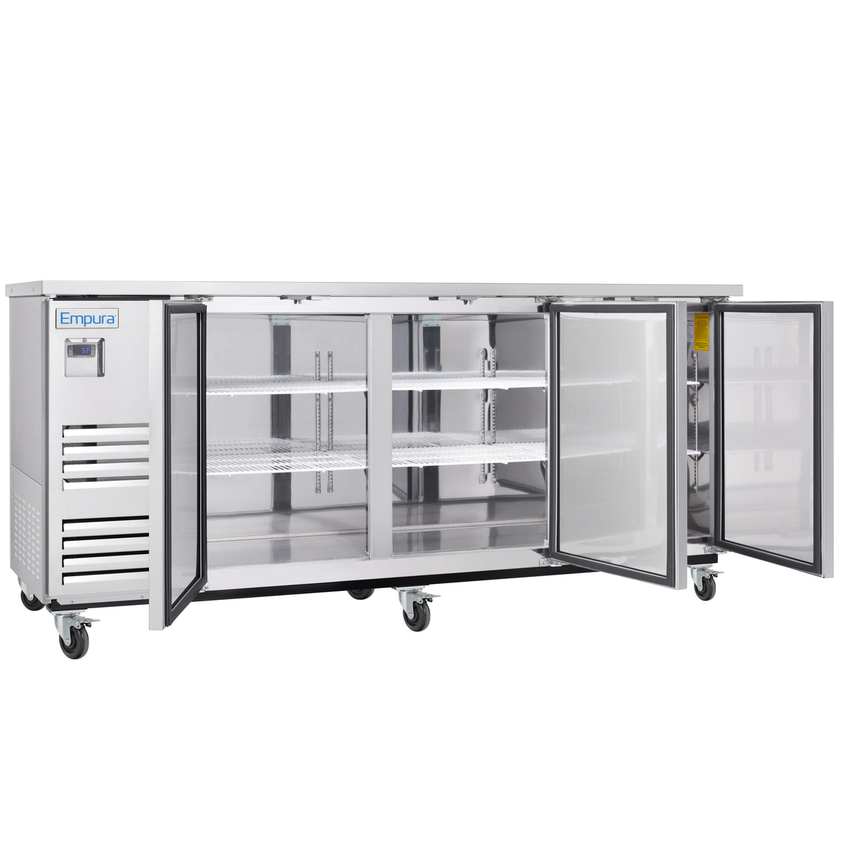 A large Empura Refrigeration stainless steel back bar cooler on wheels with three open glass doors reveals six clean, well-lit wire shelves. The unit features a vented panel on the left and is ideal for commercial use.