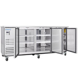A large Empura Refrigeration stainless steel back bar cooler on wheels with three open glass doors reveals six clean, well-lit wire shelves. The unit features a vented panel on the left and is ideal for commercial use.