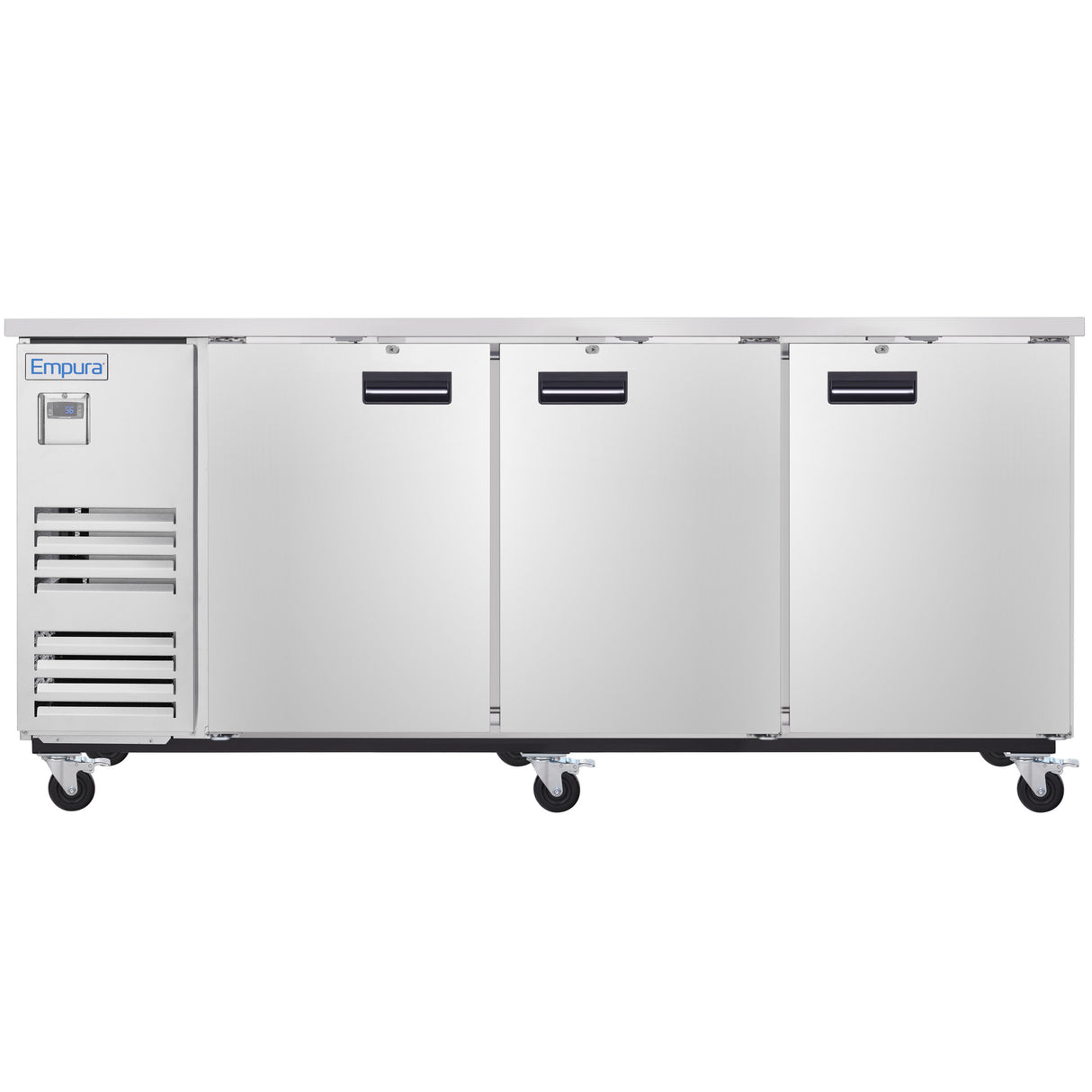 A stainless steel Empura Refrigeration back bar cooler features three solid doors with black handle slots, four caster wheels, ventilation slats on the left, and the Empura brand name on the upper left corner.