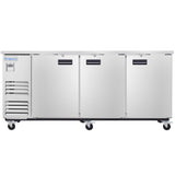 A stainless steel Empura Refrigeration back bar cooler features three solid doors with black handle slots, four caster wheels, ventilation slats on the left, and the Empura brand name on the upper left corner.