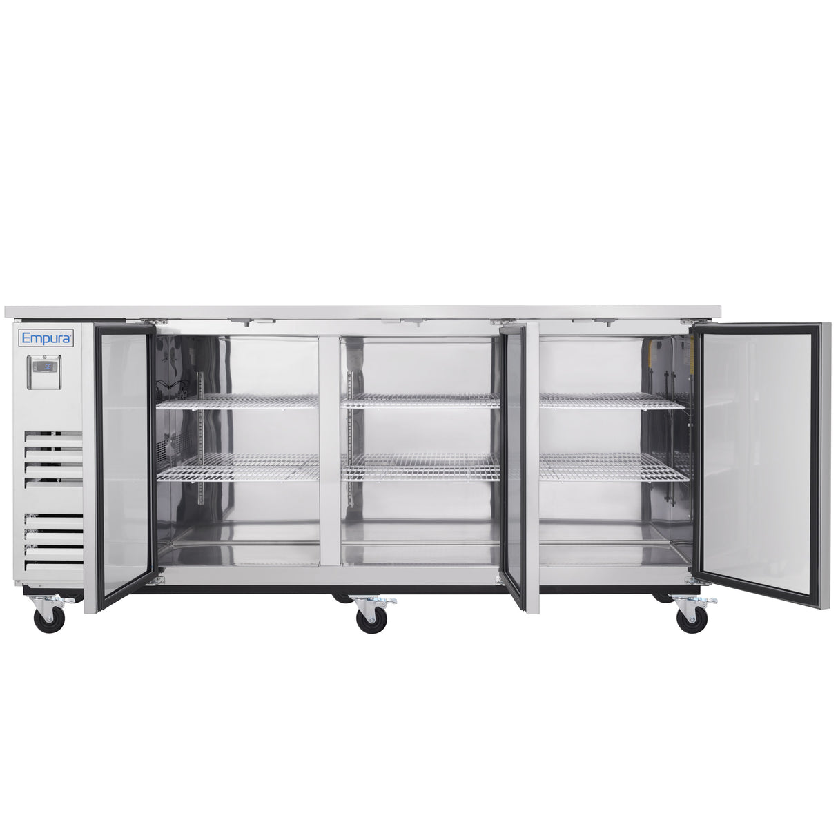 A large Empura Refrigeration stainless steel refrigerator with two open doors reveals three adjustable wire shelves inside. The unit is on caster wheels and features a vented panel and Empura brand label on the left side.