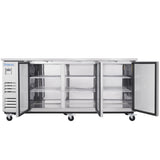 A large Empura Refrigeration stainless steel refrigerator with two open doors reveals three adjustable wire shelves inside. The unit is on caster wheels and features a vented panel and Empura brand label on the left side.