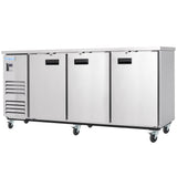 A large stainless steel commercial refrigerator by Empura Refrigeration, featuring three doors, a vented panel on the left, and four wheels for mobility. The sleek surface and logo above the vented panel make it ideal for busy commercial kitchens or as a Back Bar Cooler.