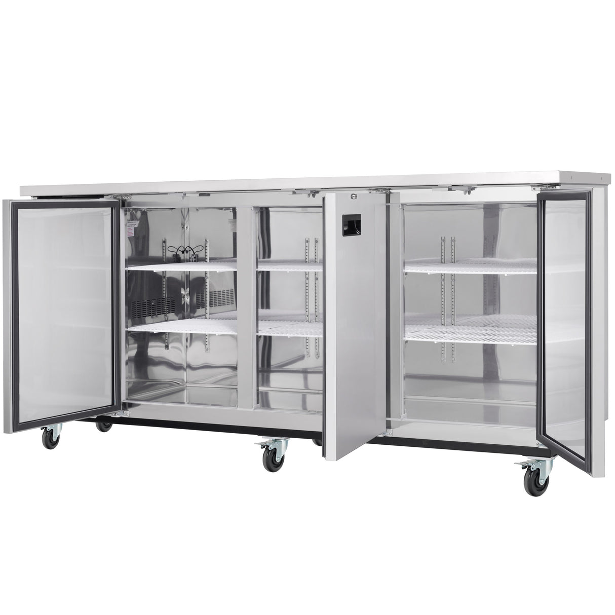 A large Empura Refrigeration stainless steel commercial refrigerator on wheels with two glass doors open, revealing metal shelves inside. The sleek, industrial unit is empty, showing its reflective interior and adjustable shelving.