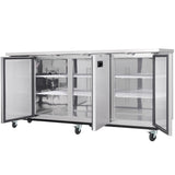 A large Empura Refrigeration stainless steel commercial refrigerator on wheels with two glass doors open, revealing metal shelves inside. The sleek, industrial unit is empty, showing its reflective interior and adjustable shelving.