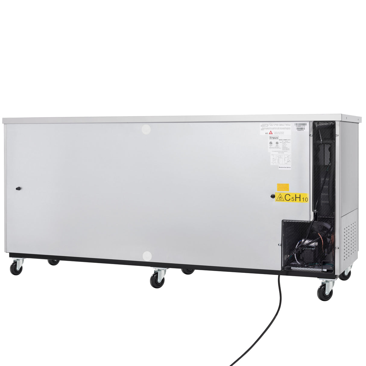 A large, rectangular Empura Refrigeration stainless steel commercial ice bin with a hinged side door, mounted on six caster wheels. The right side features a cooling unit, warning labels, ventilation grilles, and a visible power cord.