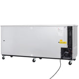 A large, rectangular Empura Refrigeration stainless steel commercial ice bin with a hinged side door, mounted on six caster wheels. The right side features a cooling unit, warning labels, ventilation grilles, and a visible power cord.