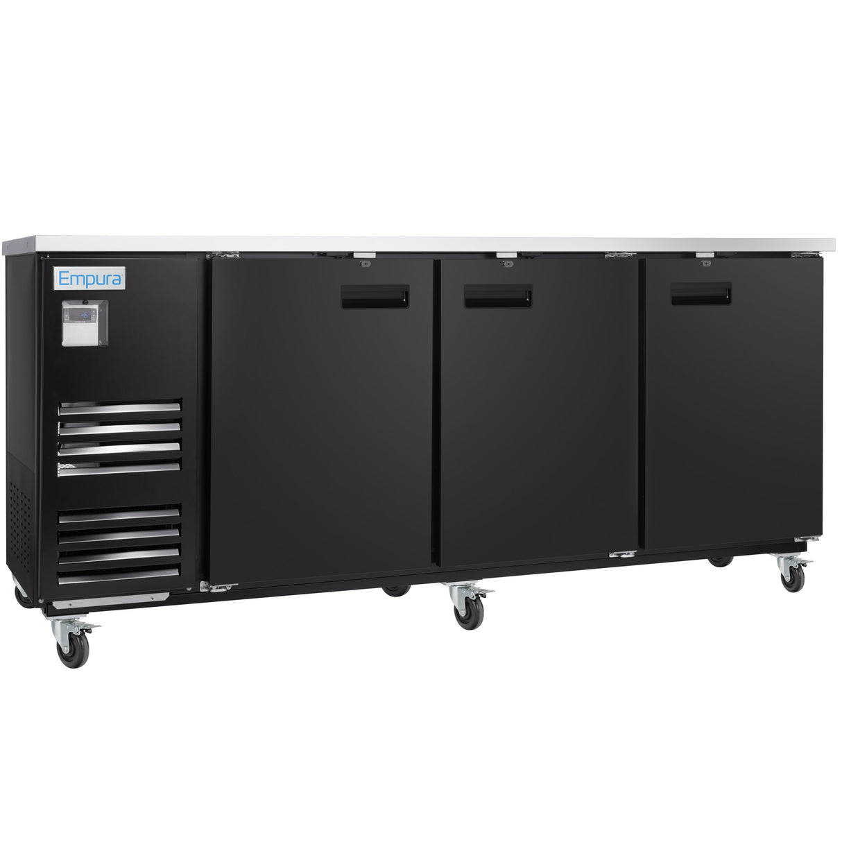 A large, black Empura Refrigeration Back Bar Cooler with three solid doors, each featuring a horizontal handle. The stainless steel unit has four caster wheels, ventilation grilles on the left side, and an Empura logo above a display panel.