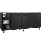 A large, black Empura Refrigeration Back Bar Cooler with three solid doors, each featuring a horizontal handle. The stainless steel unit has four caster wheels, ventilation grilles on the left side, and an Empura logo above a display panel.