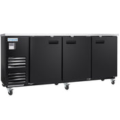 A large, black Empura Refrigeration Back Bar Cooler with three solid doors, each featuring a horizontal handle. The stainless steel unit has four caster wheels, ventilation grilles on the left side, and an Empura logo above a display panel.